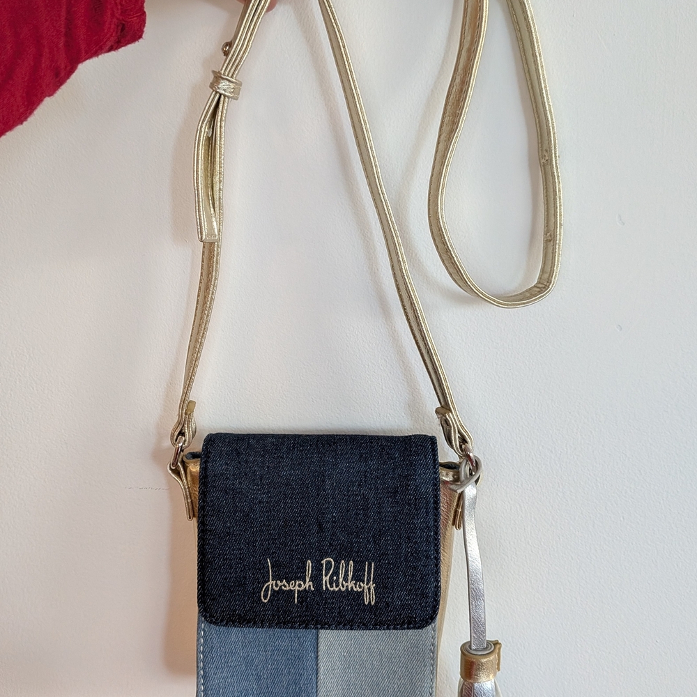 Joseph Ribkoff Blue Denim & Gold Mini Crossbody Purse Bag Tassel - Picture 2 of 7